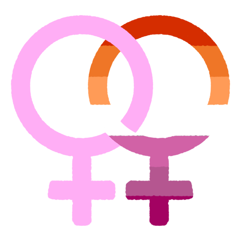 Two female symbols linked together. The left symbol is pink while the right is striped with the lesbian flag colours.